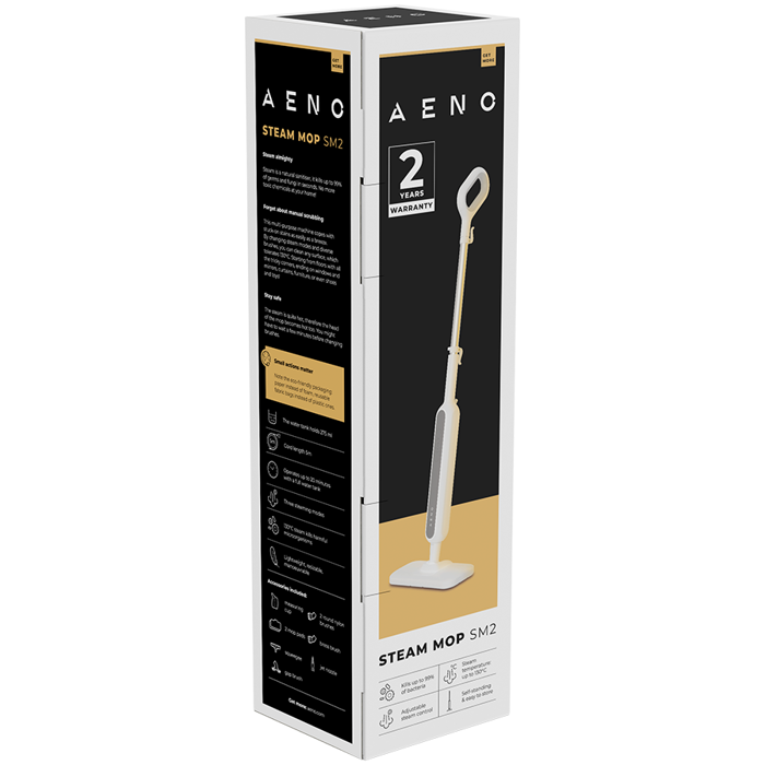 AENO Steam Mop SM2, 1200W, 130 °C, IPX4, Tank Volume 275mL, 3 steam modes, self-standing