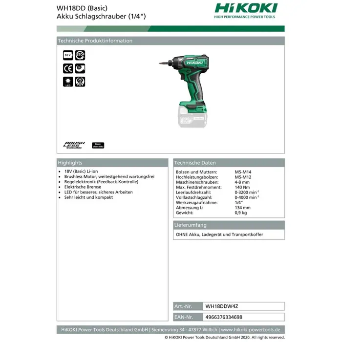 Aku impact wrench. 18V, RPM 0-3200 1/min, Impact 0-400