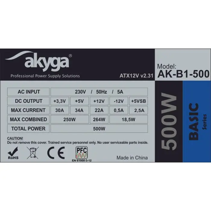 Akyga AK-B1-500 power supply unit 500 W 20+4 pin ATX ATX Grey