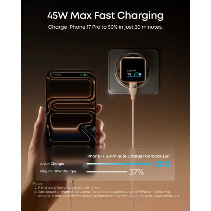 Anker Nano 45W Charger, Smart Display, Orange