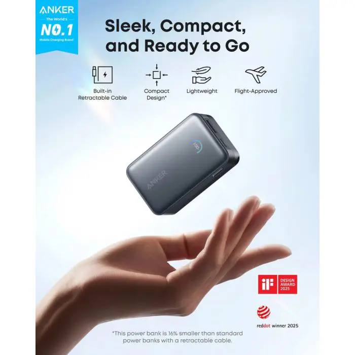 Anker Nano Power Bank 10000 mAh, 45W z vgrajenim USB-C kablom, črn
