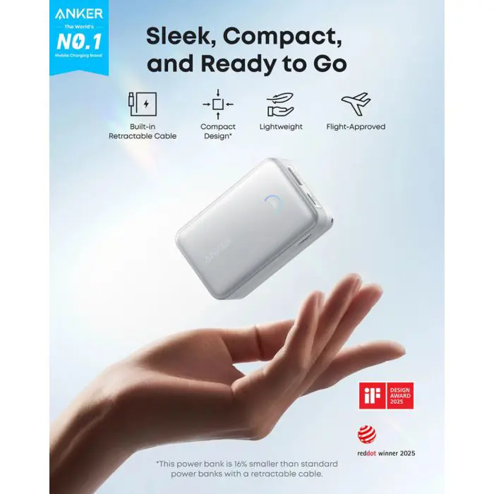 Anker Nano Power Bank 10000 mAh, 45W z vgrajenim USB-C kablom, bel