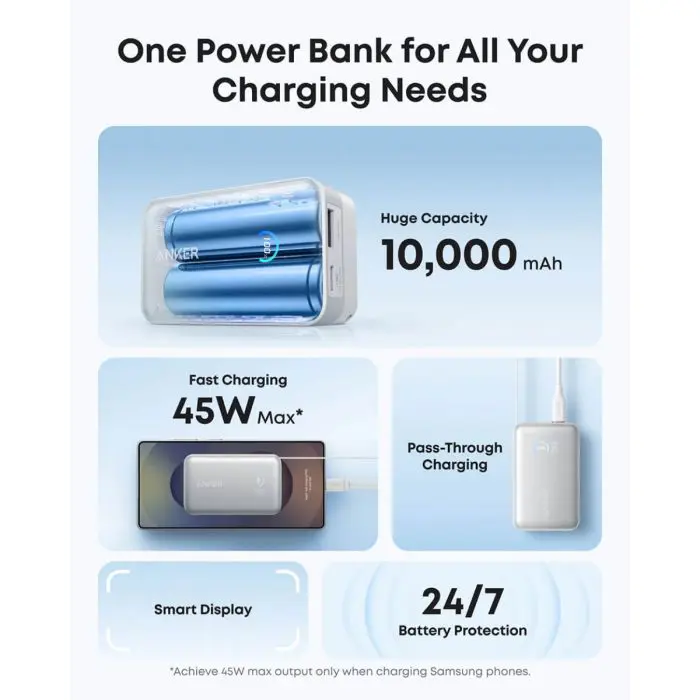 Anker Nano Power Bank 10000 mAh, 45W z vgrajenim USB-C kablom, bel