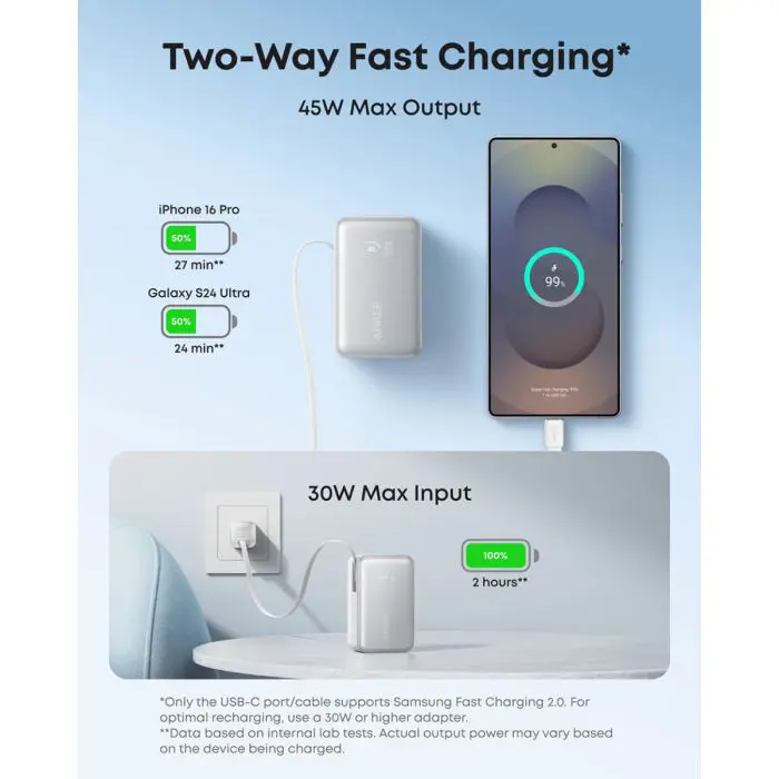 Anker Nano Power Bank 10000 mAh, 45W z vgrajenim USB-C kablom, bel