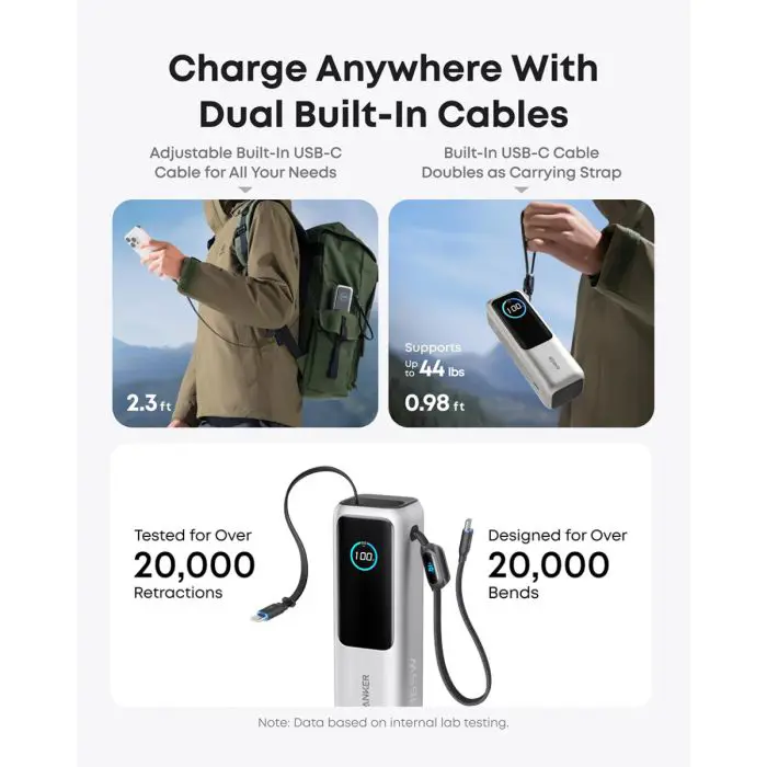Anker Powerbank 25000 mAh z vgrajenim kablom USB-C, 165W, srebrn