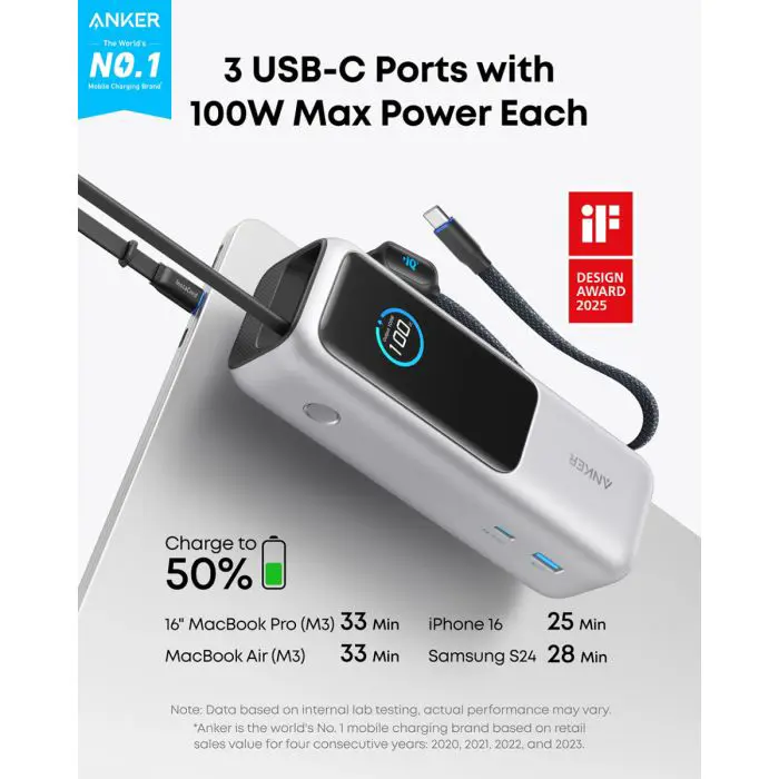 Anker Powerbank 25000 mAh z vgrajenim kablom USB-C, 165W, srebrn