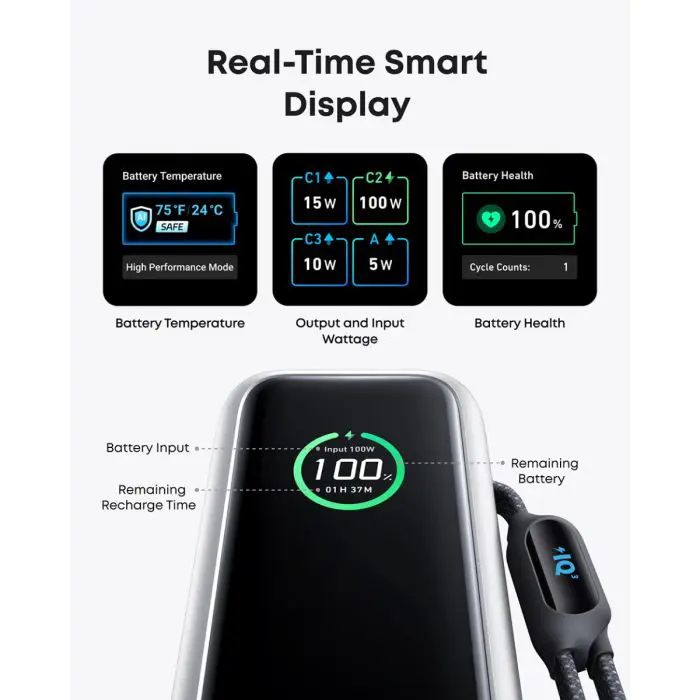 Anker Powerbank 25000 mAh z vgrajenim kablom USB-C, 165W, srebrn