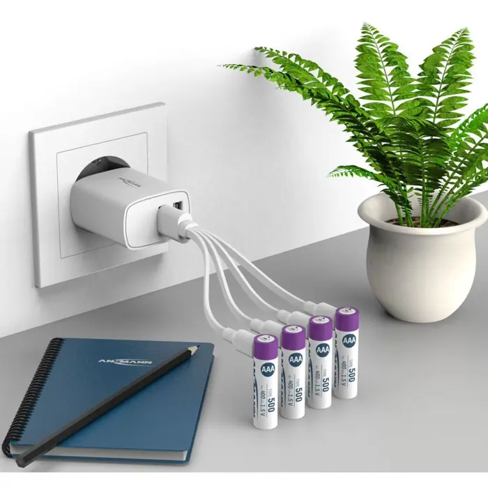Ansmann Li-Ion battery Micro AAA type 500 (min. 400 mAh), pack of 4 (white/violet, 4x AAA (Micro), USB-C charging port)