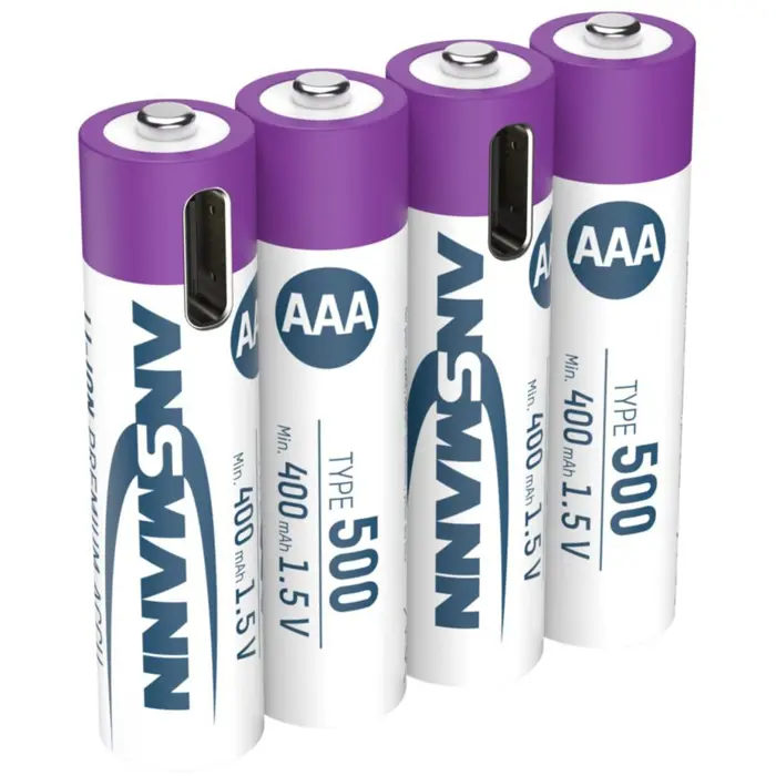Ansmann Li-Ion battery Micro AAA type 500 (min. 400 mAh), pack of 4 (white/violet, 4x AAA (Micro), USB-C charging port)