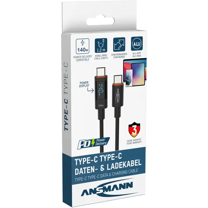 Ansmann USB 2.0 cable, USB-C plug > USB-C plug (anthracite, 1.2 meters, PD 3.1, charging with up to 140 watts, sleeved, integrated LED display)