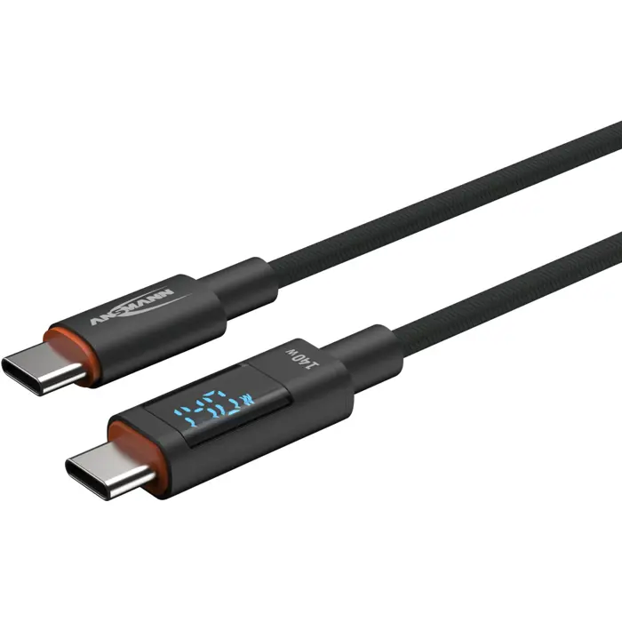Ansmann USB 2.0 cable, USB-C plug > USB-C plug (anthracite, 1.2 meters, PD 3.1, charging with up to 140 watts, sleeved, integrated LED display)