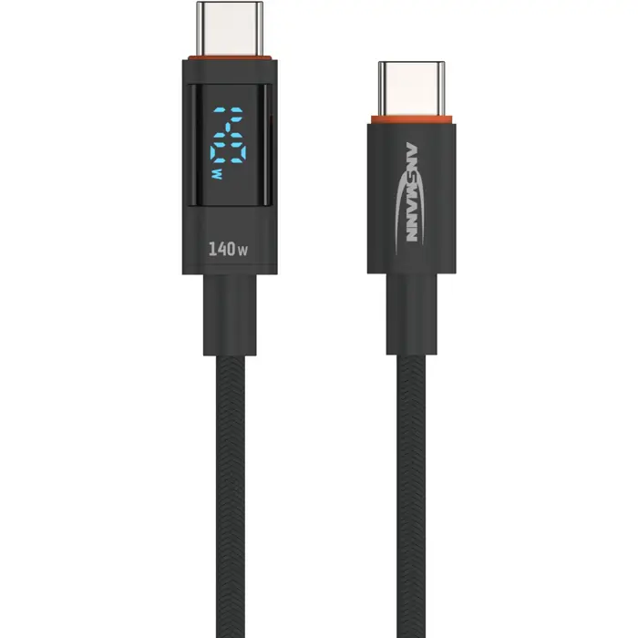 Ansmann USB 2.0 cable, USB-C plug > USB-C plug (anthracite, 1.2 meters, PD 3.1, charging with up to 140 watts, sleeved, integrated LED display)