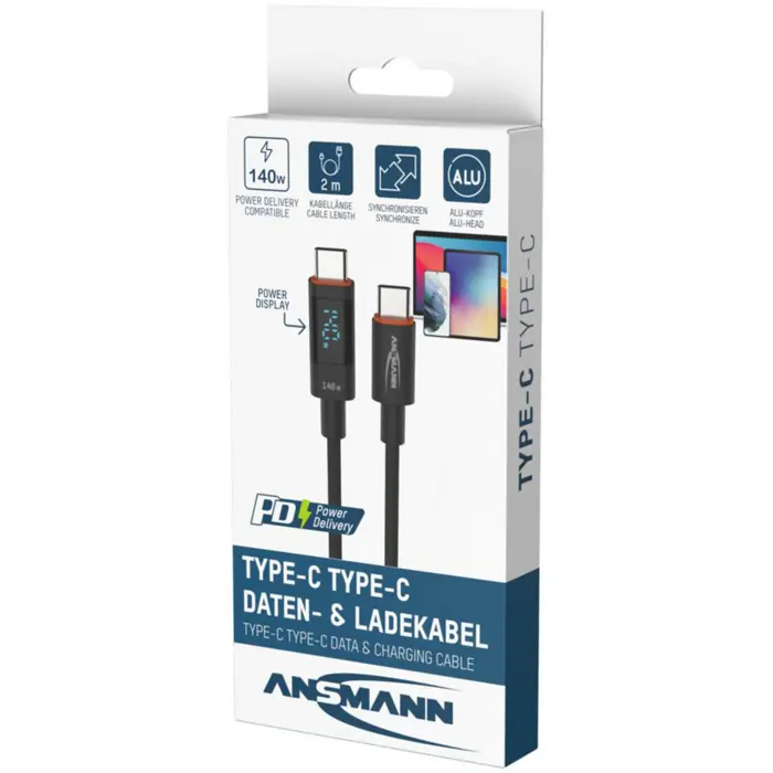 Ansmann USB 2.0 cable, USB-C plug > USB-C plug (anthracite, 2.0 meters, PD 3.1, charging with up to 140 watts, sleeved, integrated LED display)