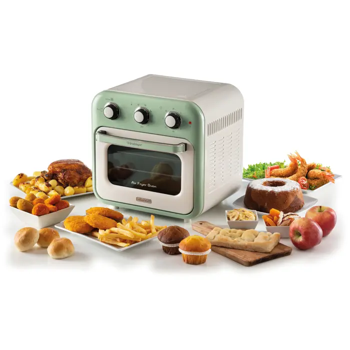 Ariete 3-in-1 Vintage Green Air Fryer and Mini Oven (white/light green, 1,350 watts, 16-liter cooking space, with viewing window)