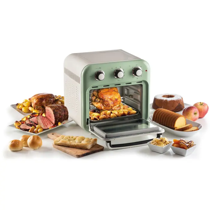 Ariete 3-in-1 Vintage Green Air Fryer and Mini Oven (white/light green, 1,350 watts, 16-liter cooking space, with viewing window)