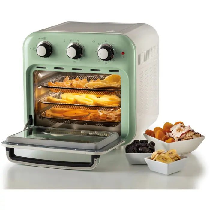 Ariete 3-in-1 Vintage Green Air Fryer and Mini Oven (white/light green, 1,350 watts, 16-liter cooking space, with viewing window)