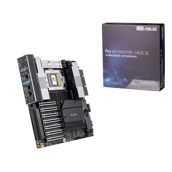 ASUS PRO WS WRX90E-SAGE SE AMD WRX90 Threadripper PRO, 2 x Intel X7100-AT2 dual 10Gb + 1x RTL8211F 1Gb/ USB 3.2 Gen2 x6, 7 x PCIe 5.0 x16, 4 x SATA 6Gb/s (RAID 0,1,5,10), 4 x M.2 socket 3 Key M (2 x t