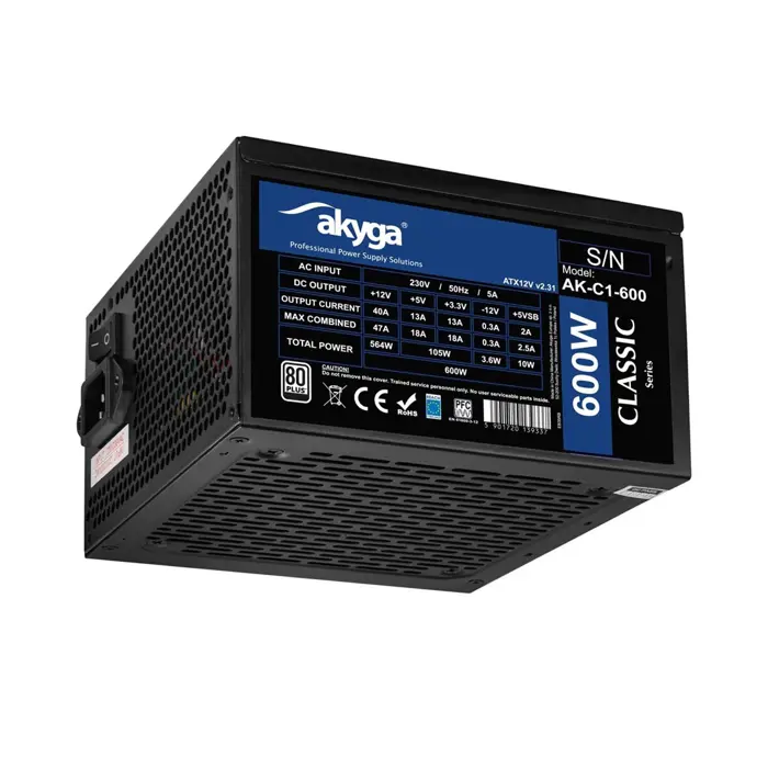 ATX 600W Power Supply Akyga AK-C1-600 P4+4 2x PCI-E 6+2 pin 5x SATA 3x Molex APFC FAN 12cm