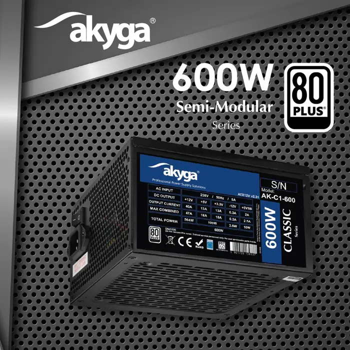 ATX 600W Power Supply Akyga AK-C1-600 P4+4 2x PCI-E 6+2 pin 5x SATA 3x Molex APFC FAN 12cm