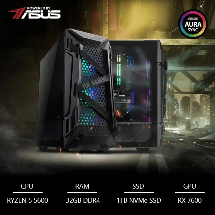 BaB računalo Cerberus X (Ryzen 5 5600, RX 7600, 32GB DDR4, 1TB SSD, Win11P) Powered By ASUS