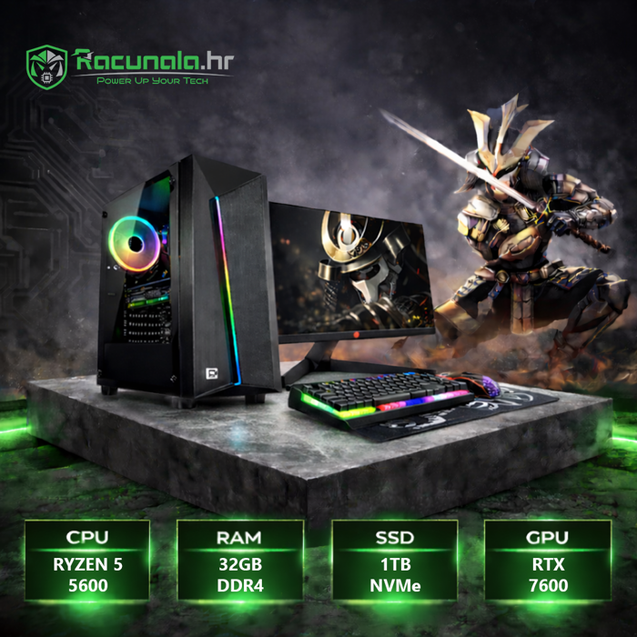 BaB SAMURAI Set – Ryzen 5 5600 / 32GB DDR4 / 1TB NVMe SSD / Radeon RX 7600 / Windows 11 Pro + Monitor i periferija