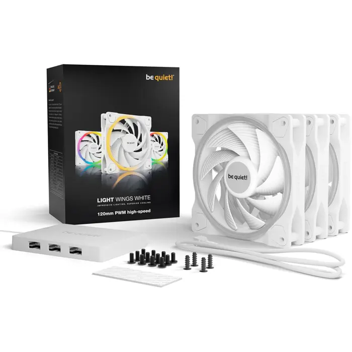 be quiet! Light Wings White 120mm PWM high-speed triple pack, case fan (white, pack of 3, incl. ARGB hub)