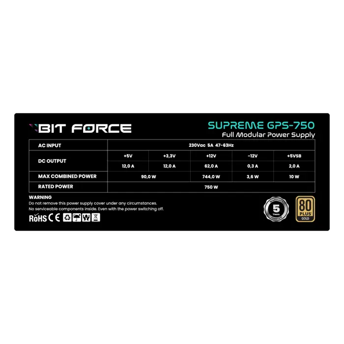 BIT FORCE napajanje 750W 80PLUS GOLD SUPREME GPS-750 modularno ATX 3.1 PCI-E 5.1 FDB