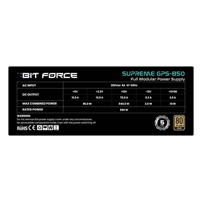 BIT FORCE napajanje 850W 80PLUS GOLD SUPREME GPS-850 modularno ATX 3.1 PCI-E 5.1 FDB
