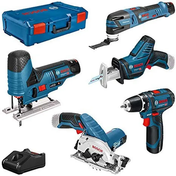 Bosch 5-piece 12-volt tool set, GSR + GOP + GKS + GSA + GST (blue, 3x Li-ion battery 3.0Ah, XL-BOXX)