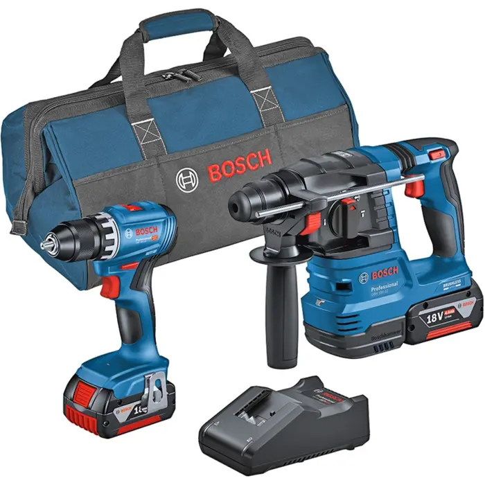 Bosch combination set cordless drill/screwdriver GSR 18V-45 + cordless hammer drill GBH 18V-22 (blue, 2x Li-ion battery 4.0Ah, tool bag)