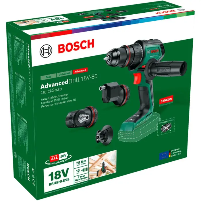 Bosch Cordless Drill AdvancedDrill 18V-80 QuickSnap Solo + accessories (green/black, without battery and charger, POWER FOR ALL ALLIANCE)