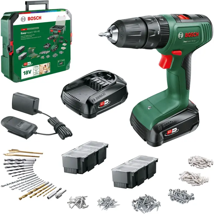 Bosch cordless impact drill EasyImpact 18V-40 + SystemBox (green/black, 2x Li-ion battery 1.5Ah, POWER FOR ALL ALLIANCE)