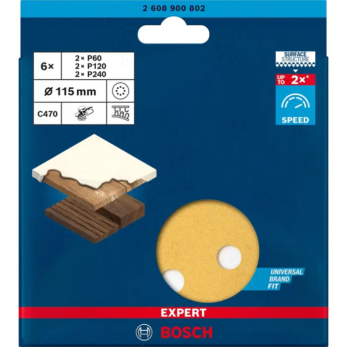 Bosch Expert C470 sanding sheet set, O 115mm, K60 / 120 / 240 (6 pieces, for eccentric sanders)