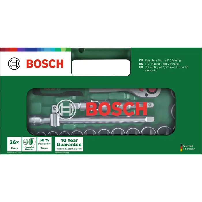 Bosch Powertools 1/2" ratchet set with socket wrenches, 26 pieces (green, torque up to 768 Nm, in case)