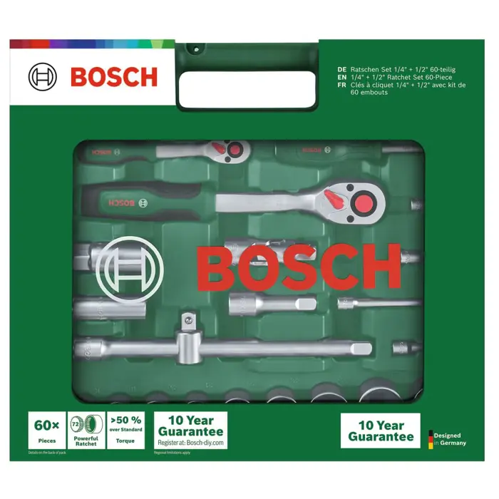 Bosch Powertools 1/4" + 1/2" ratchet set with socket wrenches, 60 pieces (green, torque up to 768 Nm, in case)