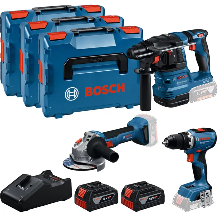 Bosch Powertools 18V Professional Set, GBH 18V-22 + GSR 18V-65 + GWS 18V-8 Professional (blue, 2x Li-Ion battery 5.0Ah, in 3 L-BOXXes)