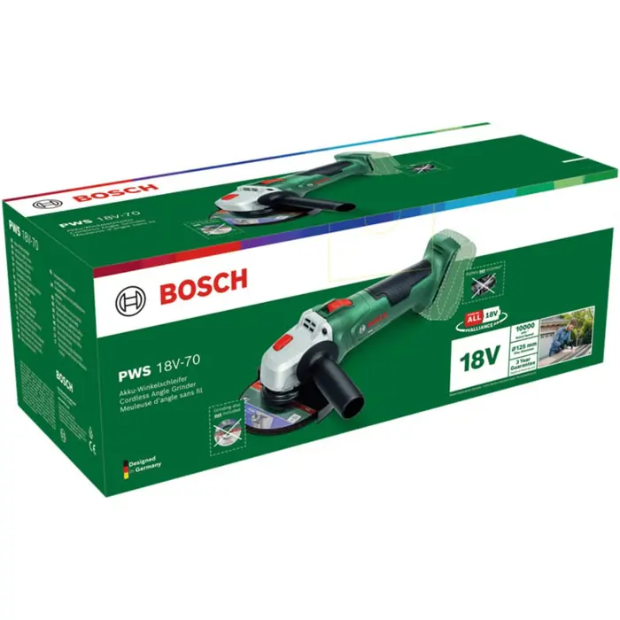 Bosch Powertools cordless angle grinder PWS 18V-70 solo, Ř 125mm (green, without battery and charger, POWER FOR ALL ALLIANCE)