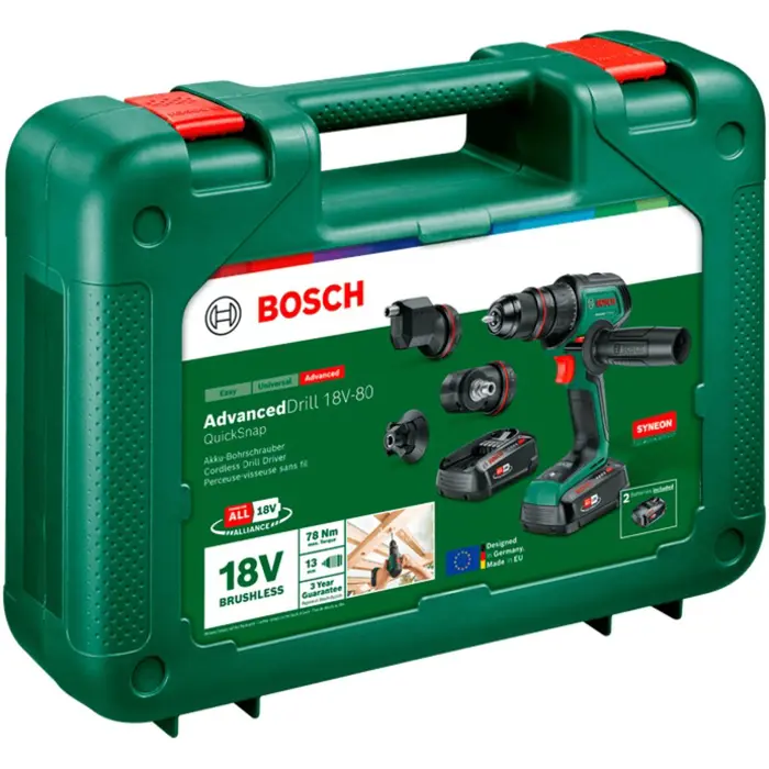 Bosch Powertools cordless drill driver AdvancedDrill 18V-80 QuickSnap + accessories (green/black, 2x Li-ion battery 2.5Ah, case, POWER FOR ALL ALLIANCE)