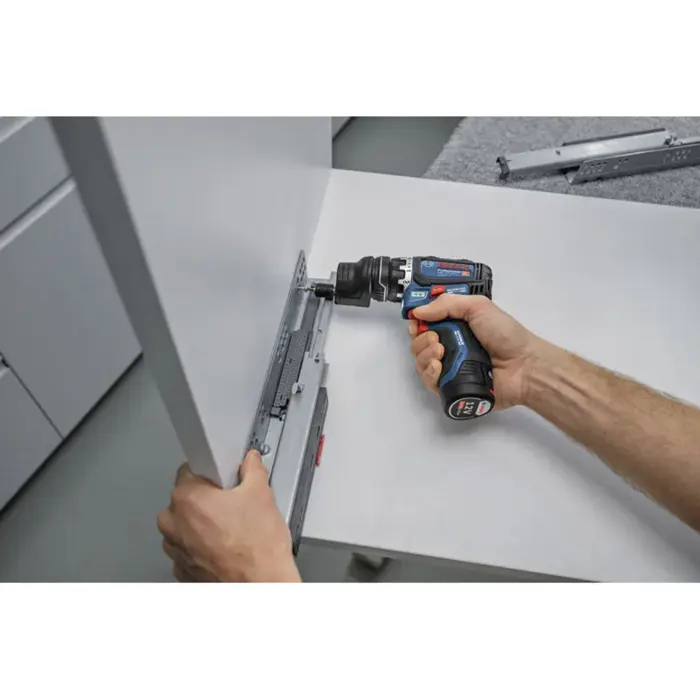 Bosch Powertools cordless drill/driver GSR 12V-32 FC Professional, 12Volt (blue/black, 2x Li-ion battery 2.0Ah, L-BOXX, metal drill chuck attachment, angle attachment, eccentric attachment)