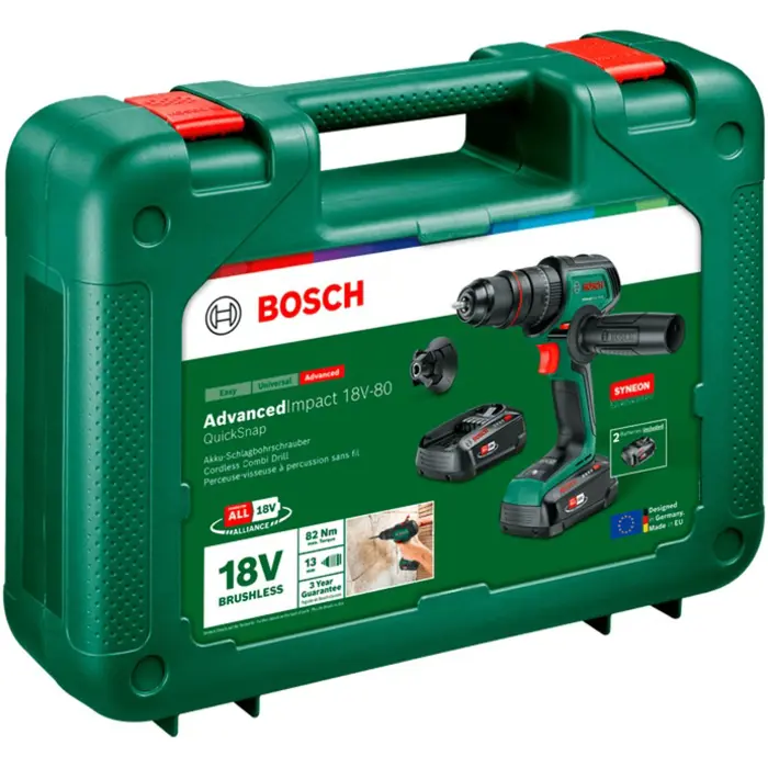 Bosch Powertools cordless impact drill AdvancedImpact 18V-80 QuickSnap (green/black, 2x Li-ion battery 2.5Ah, case, POWER FOR ALL ALLIANCE)