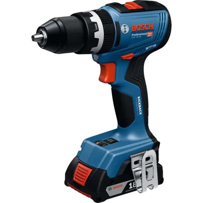 Bosch Powertools cordless impact drill GSB 18V-65 Professional, 18Volt (blue, 2x Li-Ion battery 4.0Ah, 82-piece accessory set in L-case)
