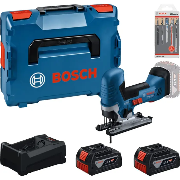 Bosch Powertools cordless jigsaw set with 2 batteries 5.0 amp hours, quick charger and jigsaw blade set in L-BOXX (boxed)