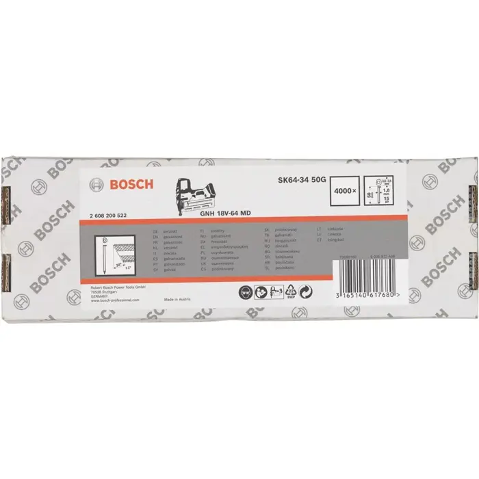 Bosch Powertools countersunk head pins SK64-34 50G, 34° / 1.8mm / 15ga (4,000 pieces, for cordless and pneumatic nailers)