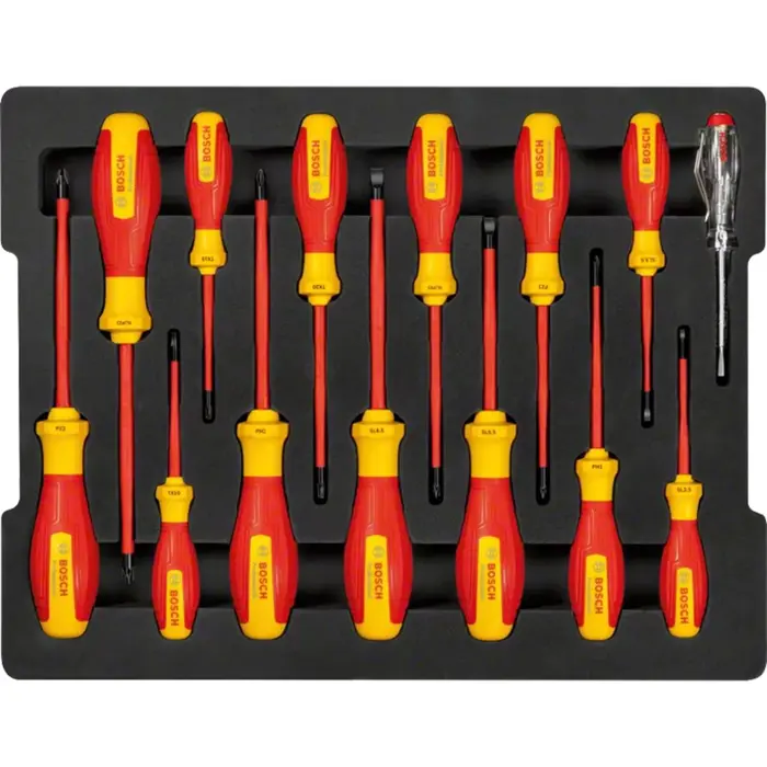 Bosch VDE screwdriver set PH/SL Professional, 14 pieces (red/yellow, 13 VDE screwdrivers, phase tester SL3, L-BOXX)