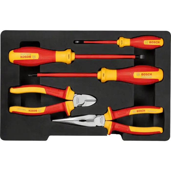 Bosch VDE tool set mixed, 5 pieces (red/yellow, side cutters, needle-nose pliers, 3 screwdrivers)