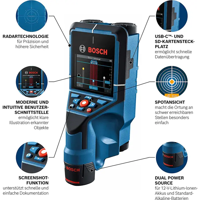 Bosch Wallscanner D-tect 200 C Professional, 12V, locating device (blue/black, Li-ion battery 2.0 Ah, in L-BOXX 136)