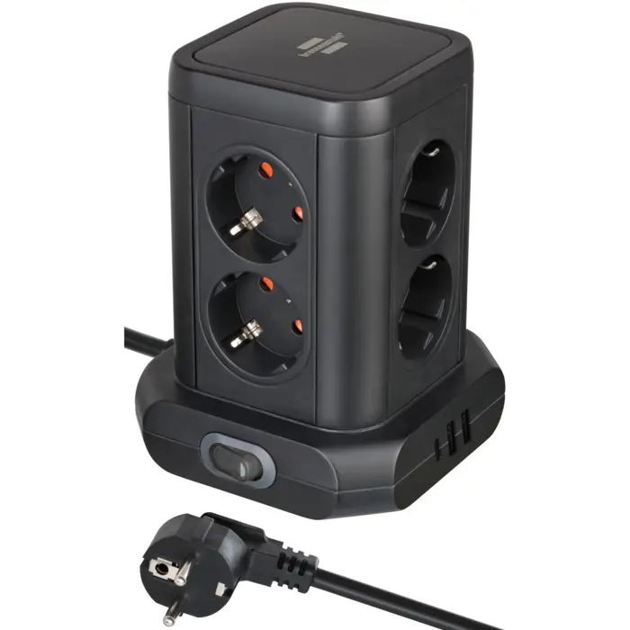 Brennenstuhl 8-way power strip tower, 2x USB-A, 1x USB-C, black power strip, 2 meter cable, with safety switch