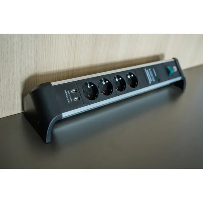 Brennenstuhl Alu-Office-Line 4-way power strip for the desk, black/aluminum, 1.8 meter cable, 60,000A surge protection, 2x USB-A