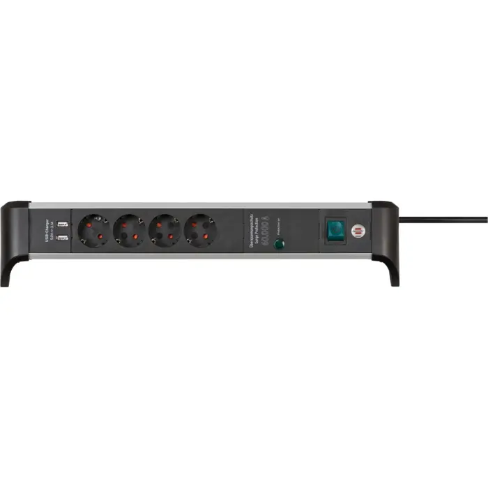 Brennenstuhl Alu-Office-Line 4-way power strip for the desk, black/aluminum, 1.8 meter cable, 60,000A surge protection, 2x USB-A