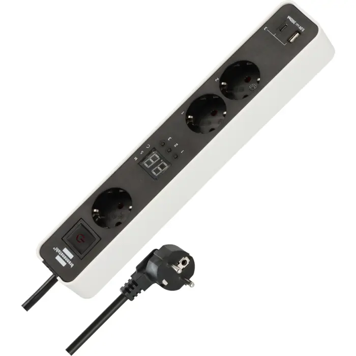 Brennenstuhl Ecolor 3-way power strip, 2x USB, with 3 countdown timers white/black, 1.5 meter cable, USB-A, USB-C, with safety switch